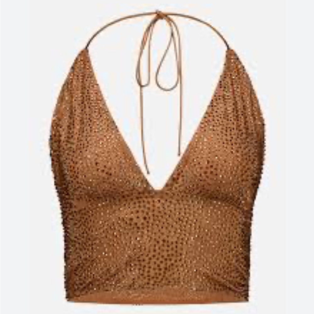 Alice and Olivia HANNAH EMBELLISHED TOP TAN/CRYSTAL - Picture 2 of 10